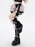 Allover Bowknot Print Big Black Lace Lined Tiered Skirt Trim Bow Pink