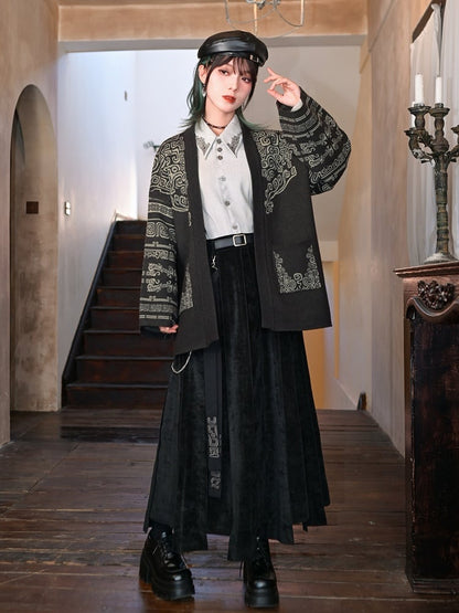 Bronze Skirt Maxi Ribbon + Patchwork Chain Detachable Iregular Hem Waist Black Cheongsam with Embroidered