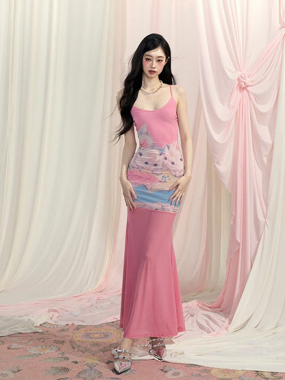 ピンクのキュートな猫柄ボディコンスカート スリップドレス マーメイド