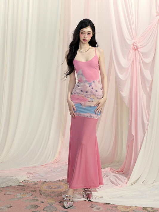 Rosa süßes Katzen-Print Bodycon Rock Slip Dress Mermaid