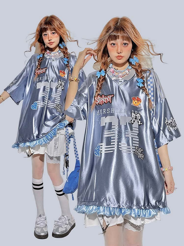 Print Number Long/Short Sleeve and Sports with V-Neck Top Cute Patchwork Blue