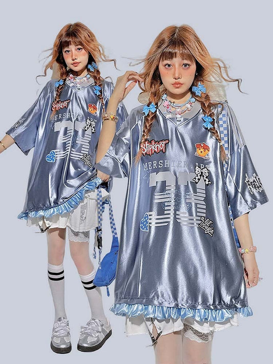 Print Number Long/Short Sleeve and Sports with V-Neck Top Cute Patchwork Blue