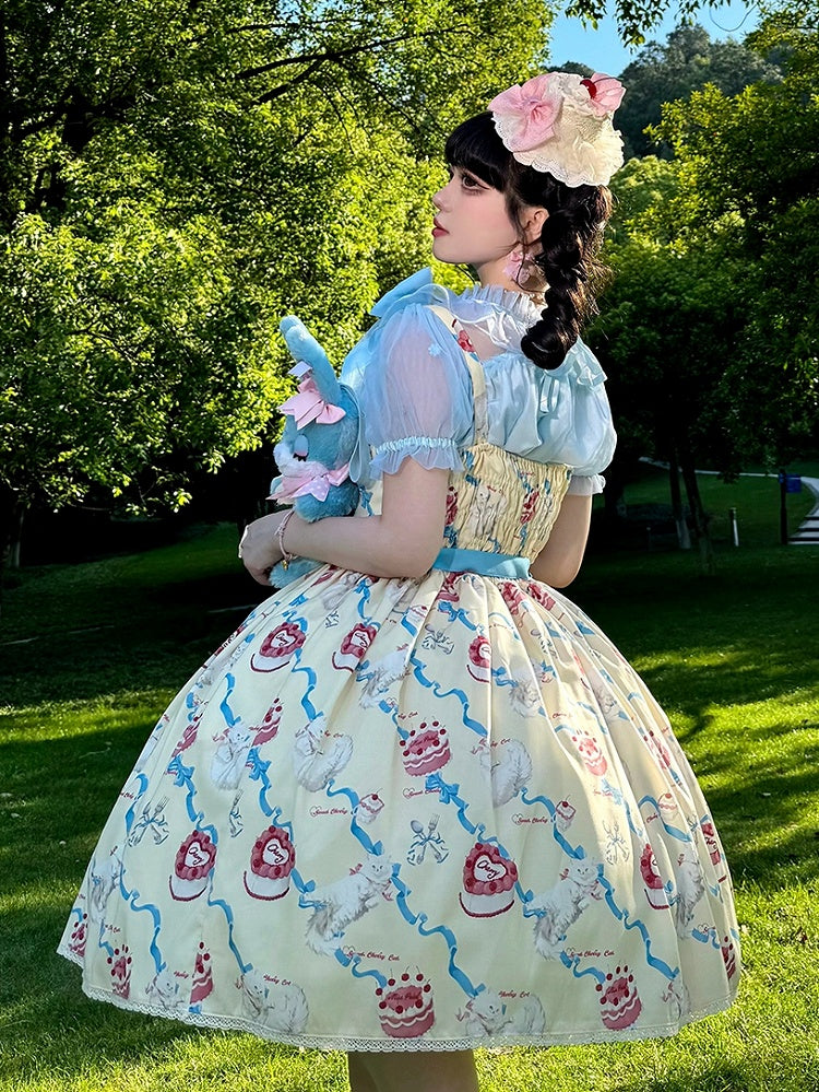 Süßes Lolita-Kleid, süßer Showa-Pullover, gelber Kitty-Creme-Print-Rock, flauschig