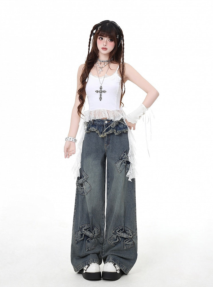 Hem Blue Big Bows Raw Wide-Leg Jeans