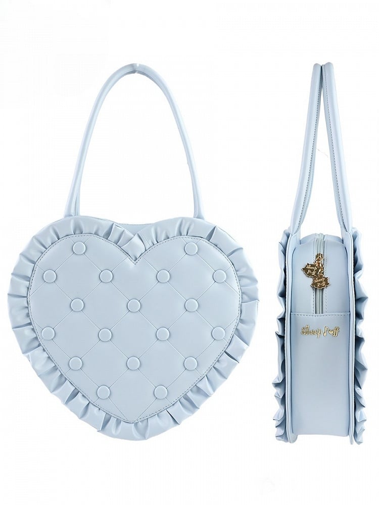 Handtasche in Herzform und Steppraute mit blauen Lolita-Kanten und Rüschen
