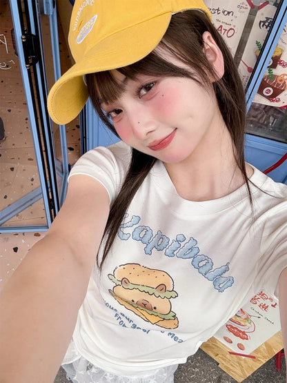 Neck White Round Long Capybara Burger Print T-Shirt Version