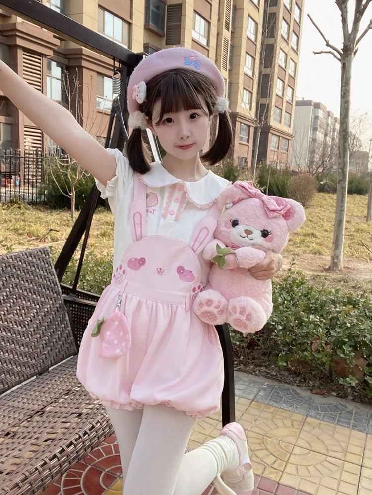 Adorable Bunny Design Pink Overalls Bubble Shorts