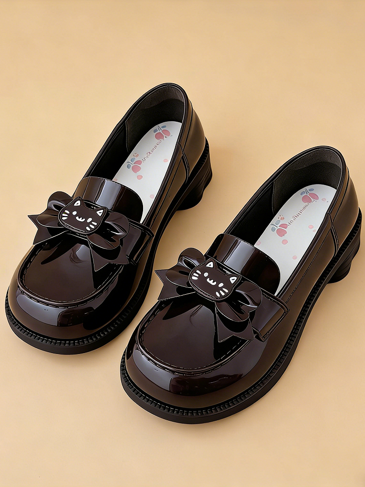 Heels School-style Shaped Heeled 4cm Brown in Bows PU Detachable Loafers Paw with Cat Kitten