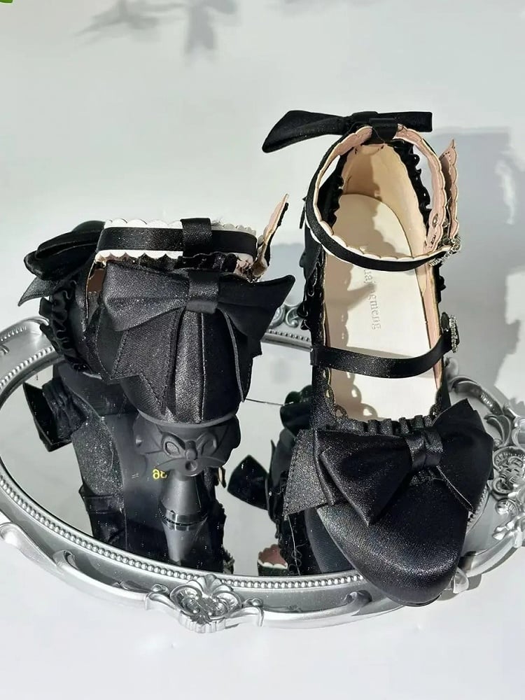 Heel Sculpted Mary Heart with Ruffle Trim Satin Lolita - Black Janes Crystal Elegant Closure