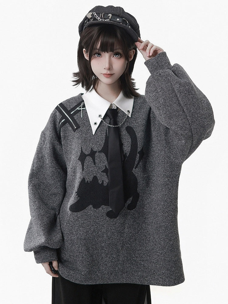 Round Cute Sweatshirt Print Neck Accent Cat Zip with