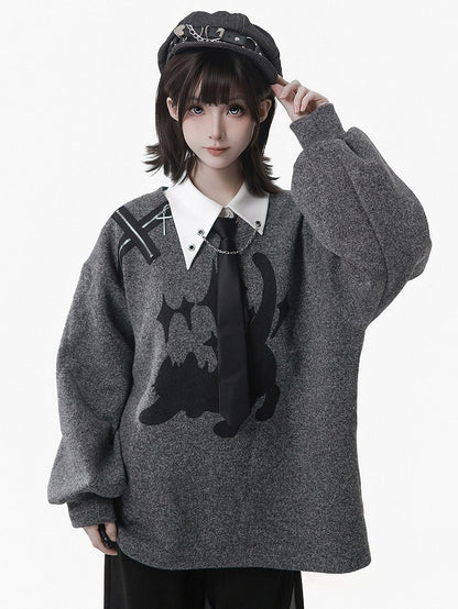 Round Cute Sweatshirt Print Neck Accent Cat Zip with