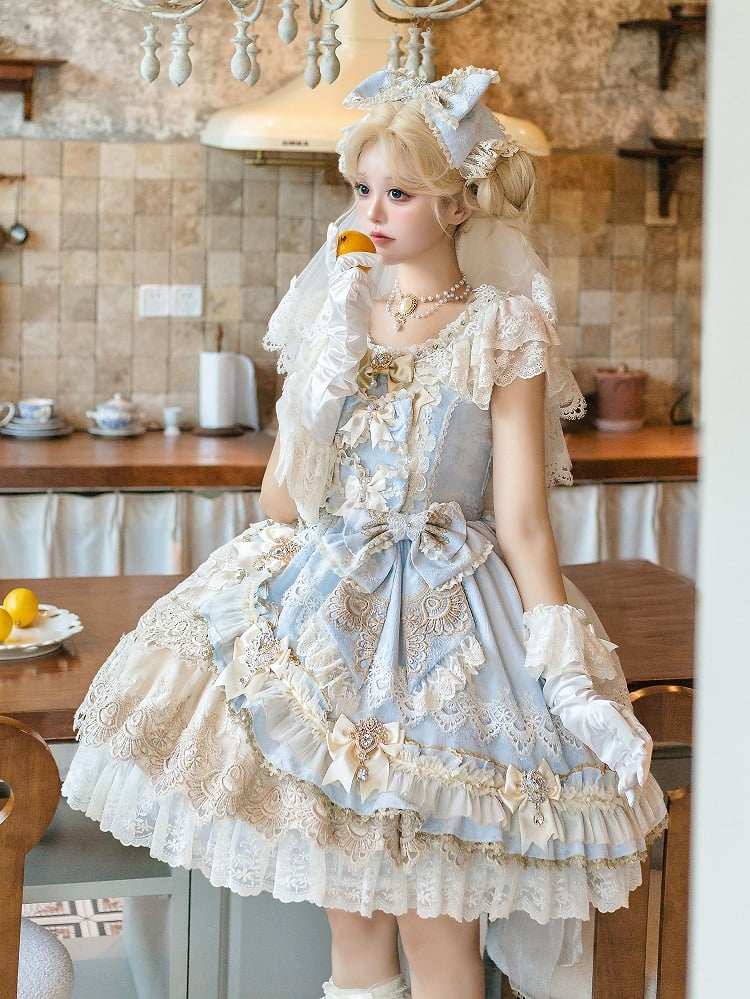 Jumper Blue Princess Bow Full and Skirt Accents Lolita Bead Jacquard Dress Set