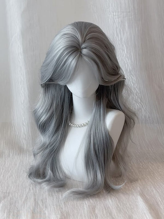 Wig Curtain Gray 68CM Smoky Wavy with Bangs