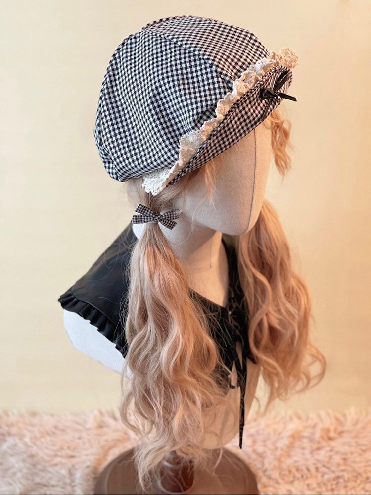 Brim Black and Flipped Gingham Beret White with
