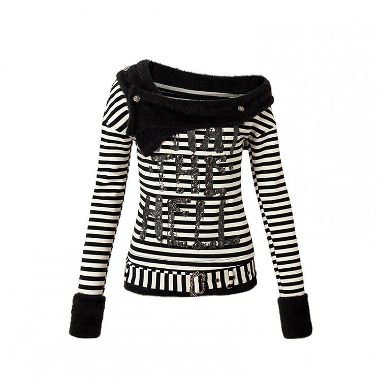 Rot-weiß gestreiftes Buchstaben-Top mit abnehmbarem Plüschkragen