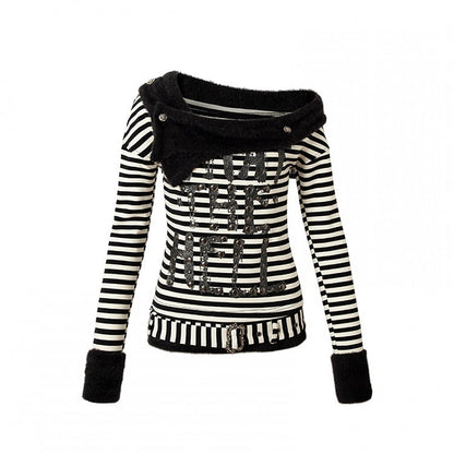 Rot-weiß gestreiftes Buchstaben-Top mit abnehmbarem Plüschkragen