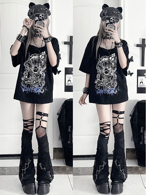 Lace-Up Sleeve Square Neck Black PrintBack Topwith Gothic Short Anime