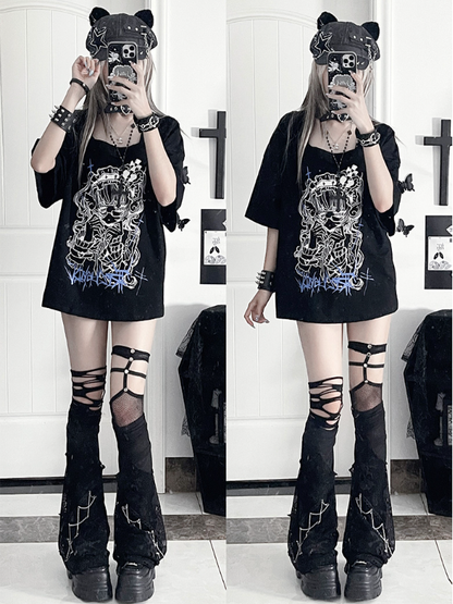 Lace-Up Sleeve Square Neck Black PrintBack Topwith Gothic Short Anime