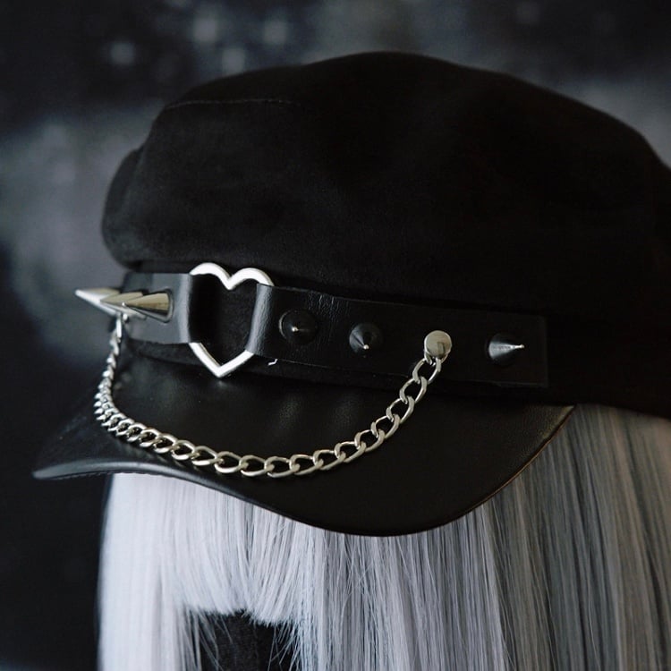 Herz-Charm-Ring Baskenmütze Details Hut Nieten Schwarze Gothic-Kette