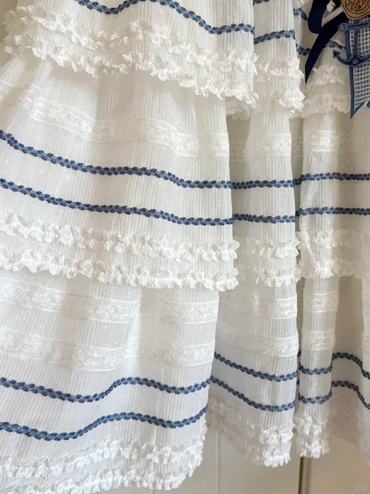 White Layered Sailor Lolita Skirt with Bow - Twin Bear Original Design