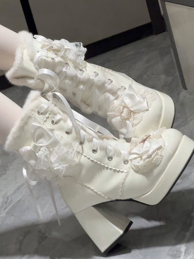 White 8CM High Heel Winter Boots with Front Lace-Up, Lace & Heart Accents - Witch's Night