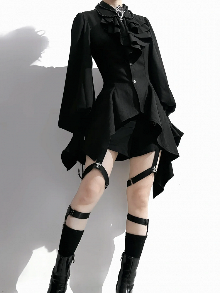 Foldover Pointed Lolita Ouji Long Shirt Sleeves Black Jabot Collar