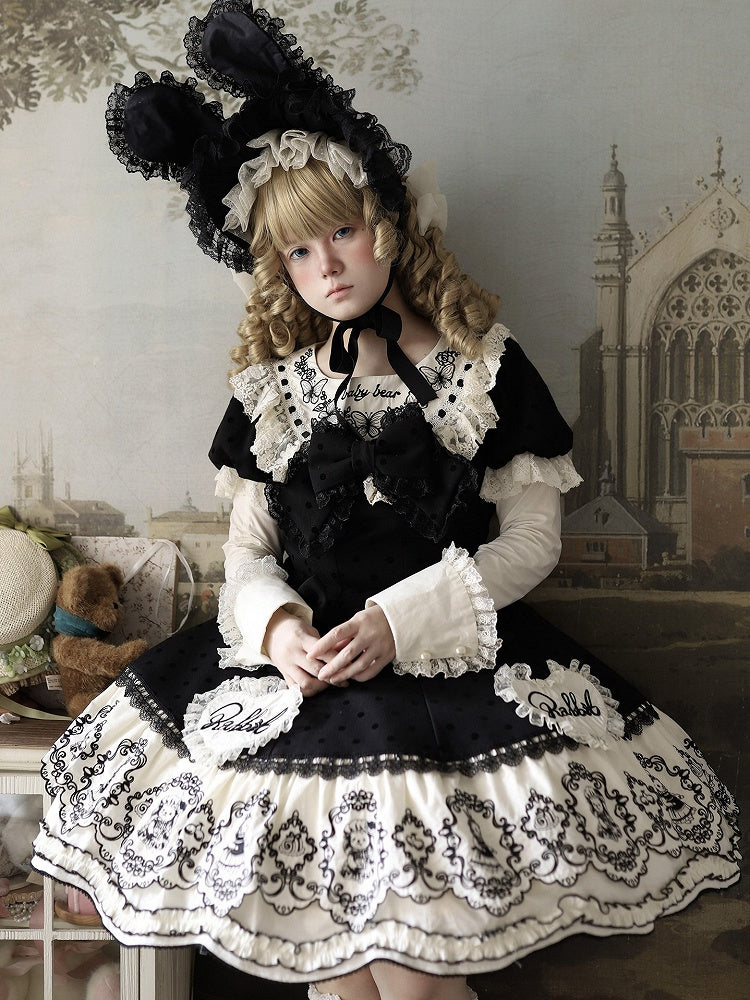 Rabbit Detachable Sleeves Pattern Dot Sweet + Black Polka with Dress Bonnet Sweetheart Set Appliques Lolita