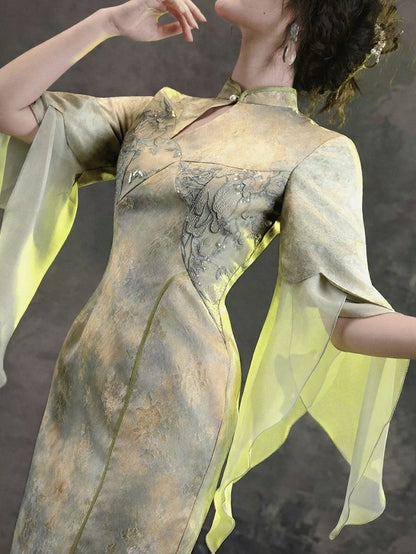 Green Chinese-Style Qipao Dress with Bow Embroidery, Cutout Design & Ruffle Accents - sijinstudio