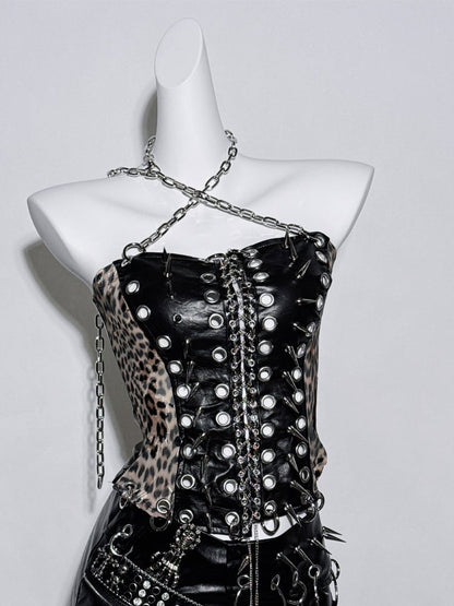 Black Halter Neck Leopard Pattern Stud Ring Corset Top