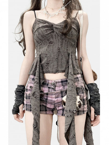 手袋 グレー ビタースイート アクセント トップ ラッフル カスケード + ディストレストディテール キャミソール