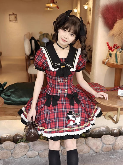 Trim Lace Black Red Sweet Plaid Lolita Dress with Patch Puppy and