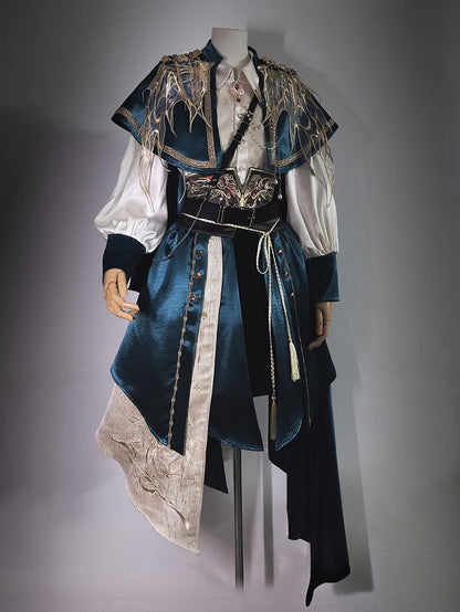 Peacock Green Chinoiserie Military Lolita Set - Shirt Cape Corset Belt Pants/Skirt - YING YUE