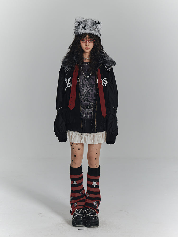 with Jacket Fall/Winter Streetwear Punk Collar Faux Y2K Fur Studded Red Straps Black
