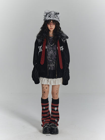 with Jacket Fall/Winter Streetwear Punk Collar Faux Y2K Fur Studded Red Straps Black
