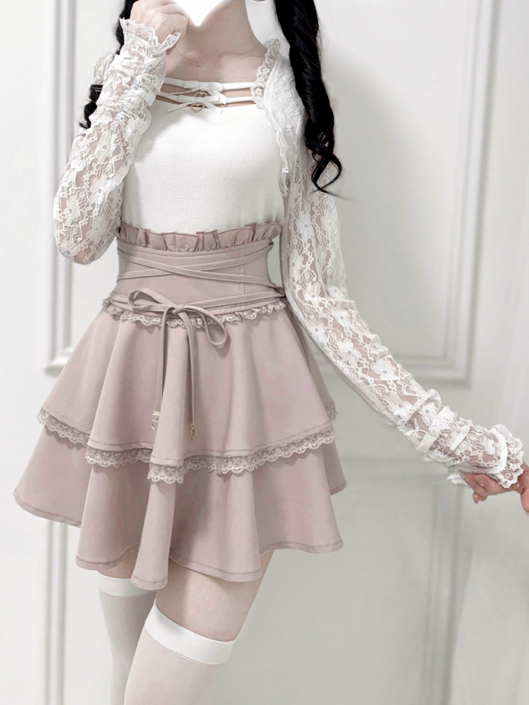 Ruffled High Tie and Black/Dusty Design Detail Pink/White in Corset Waist Skirt Double-Layer