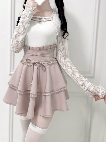 Ruffled High Tie and Black/Dusty Design Detail Pink/White in Corset Waist Skirt Double-Layer