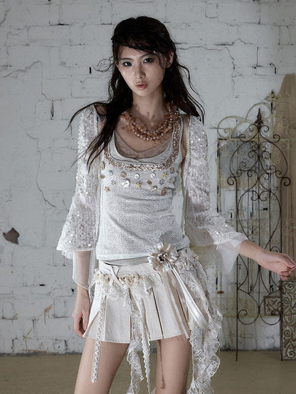 Punk Apricot Pleated Skort with Asymmetric Lace Trim - NO ROMANCE