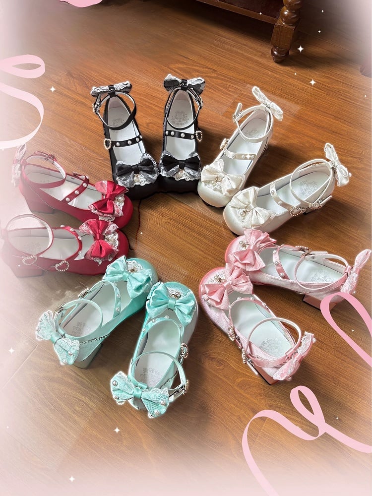 Heel Snap Heart Green Mary Details Lolita Satin - Ornate Grass Bowknot Low with Sweet Janes