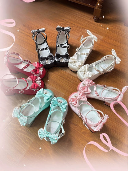 Heel Snap Heart Green Mary Details Lolita Satin - Ornate Grass Bowknot Low with Sweet Janes