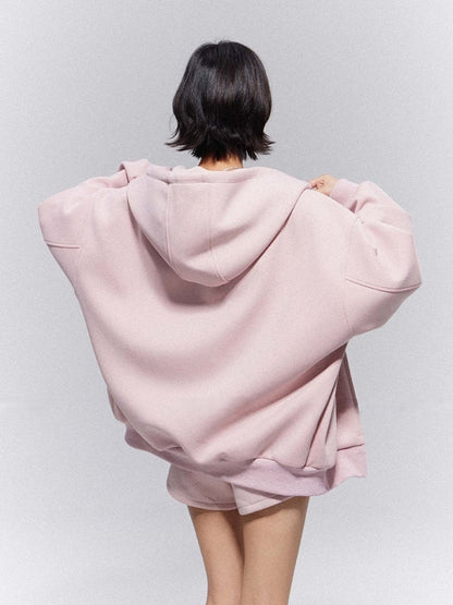 Sportswear Hoodie Zip-Up Waist Set: Pink Drawstring Shorts Jacket Casual