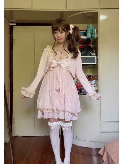 Pink Bow Lace Trim Cardigan - Tan Tuan