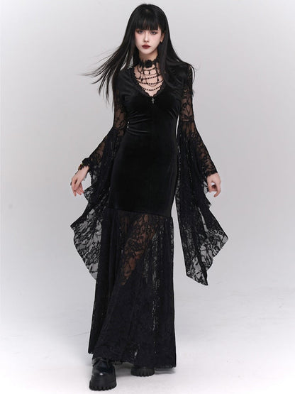 Gothic Black Velvet Bell Sleeves V-Neck Lace Dress