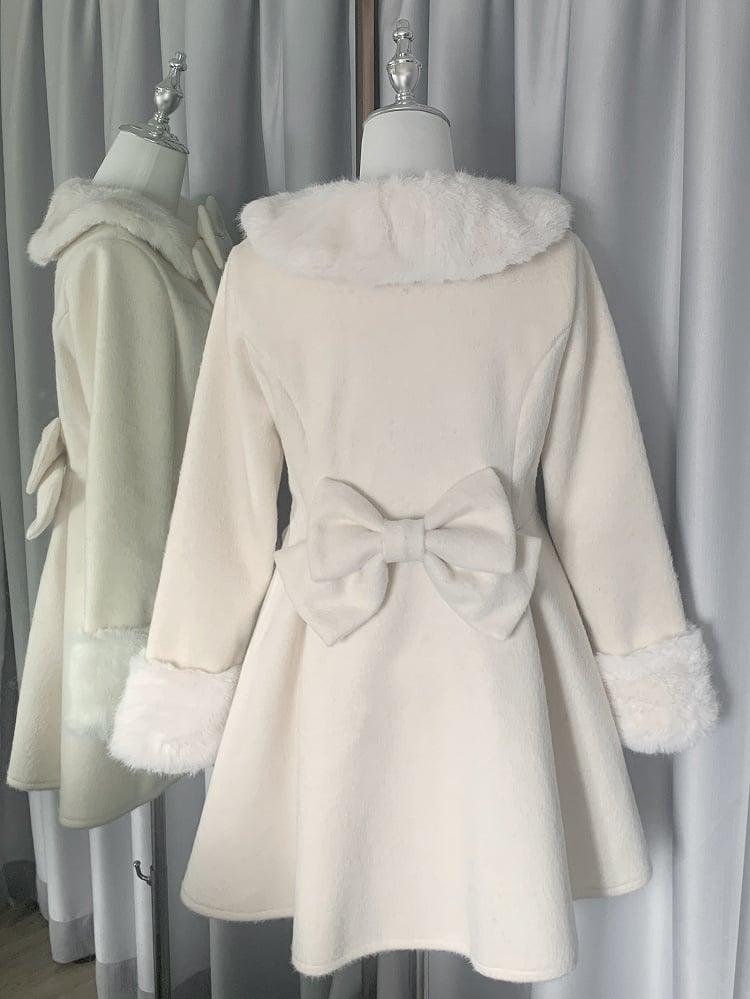 Bowknot Jirai Beige Kei Details Collar and Decorated Plush Cuffs Coat Beaded