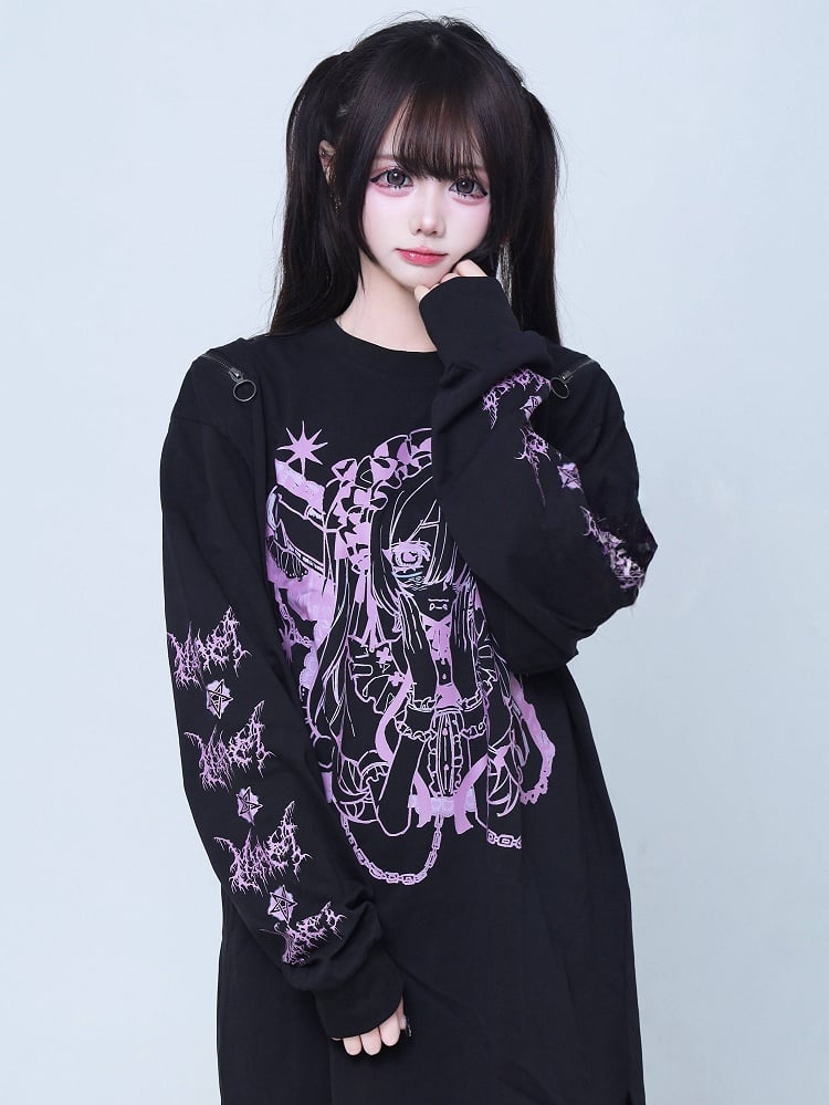 Jirai Cartoon T-Shirt Shoulder Long-Sleeve Zipper Print with Girl Black Design Kei Cutout Pink