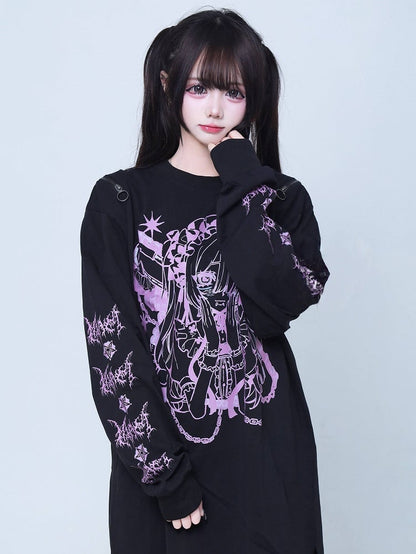 Jirai Cartoon T-Shirt Shoulder Long-Sleeve Zipper Print with Girl Black Design Kei Cutout Pink