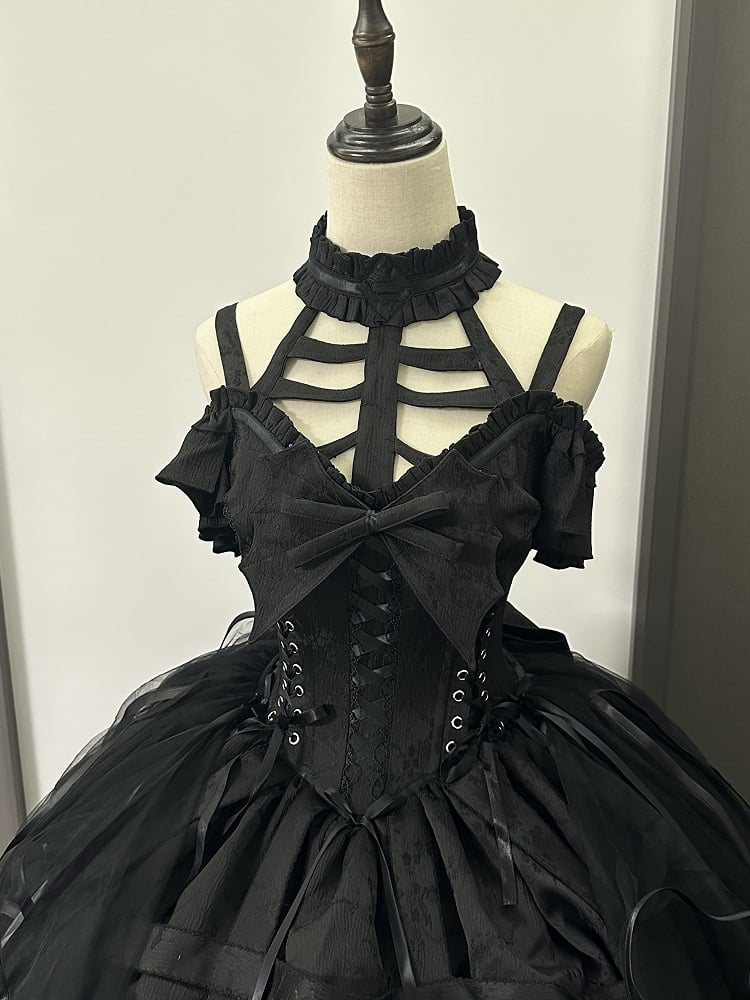 ボウオーバレイとゴシックドレスコルセット、ロリータ風の取り外し可能なスカートデザイン、ブラックバードケージウエストのレースアップ