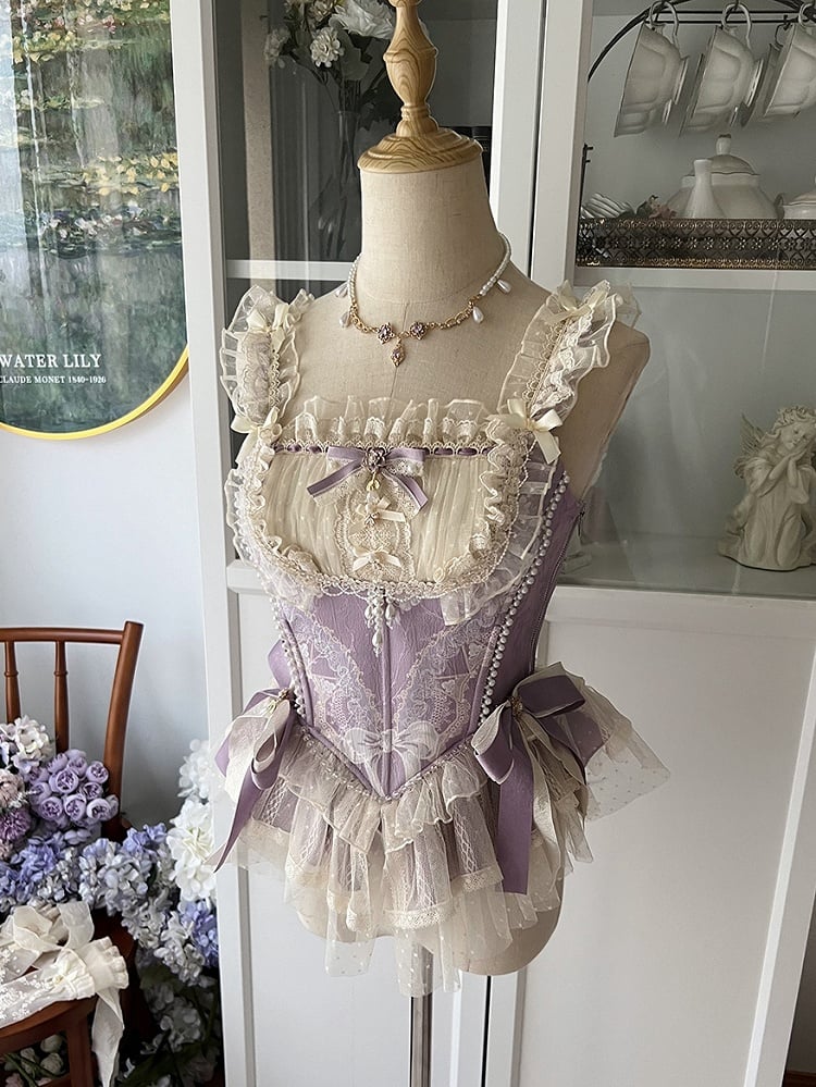 Perlen Lila und Korsett Top mit Stäbchen und Schleifen Zwei Details