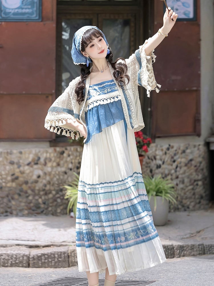 White and Blue Lace Tassel Cardigan with Floral Print Sleeveless Pleated Dress - Han Ru Chu Hanfu &amp; Han-Element Studi