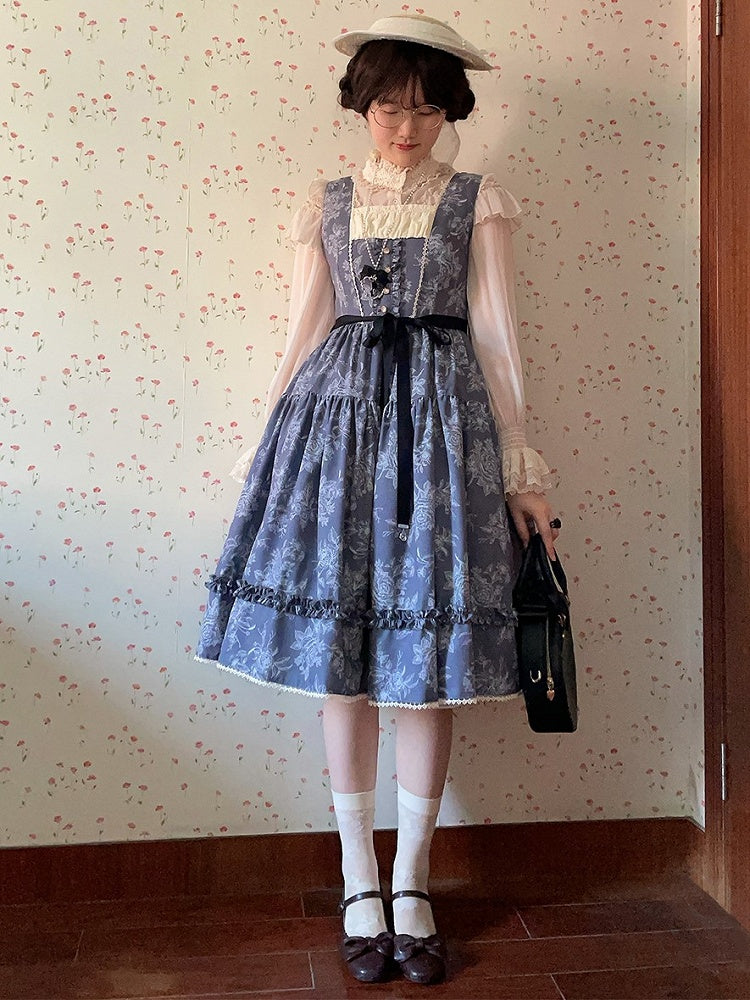 Gray & White Rosette Print Elegant Classic Lolita JSK Dress with Lace Trim