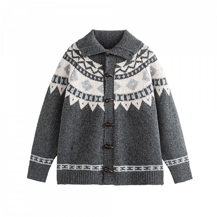 Daily Navy Jacquard with Blue/Grey Cardigan Pattern Closure Toggle Kawaii Button